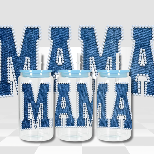 Denim Pearl Mama 16oz Libby Cup Wrap PNG | Blue Jean Coquette Tumbler Design | Digital Download